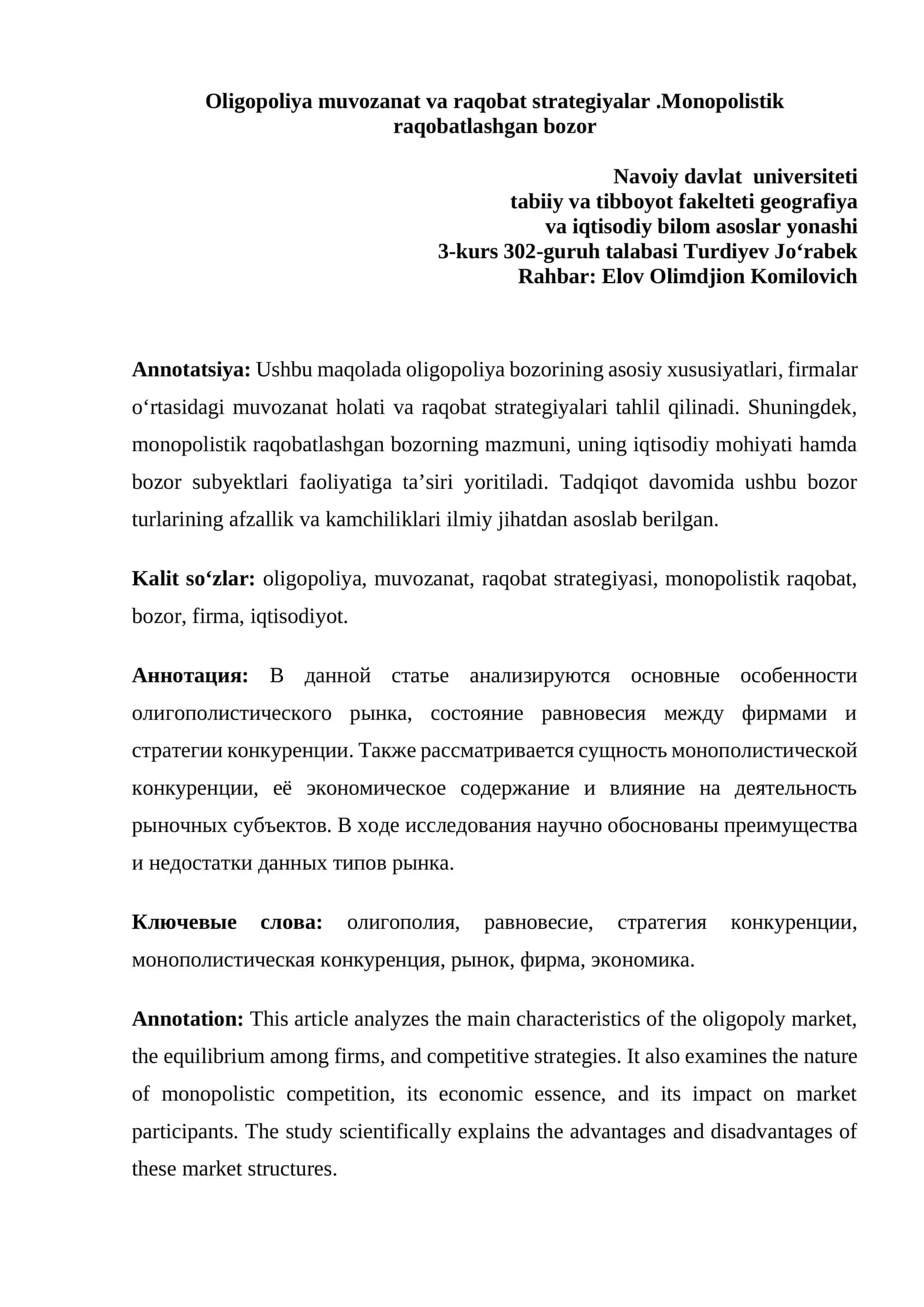 Oligopoliya muvozanat va raqobat strategiyalar 1