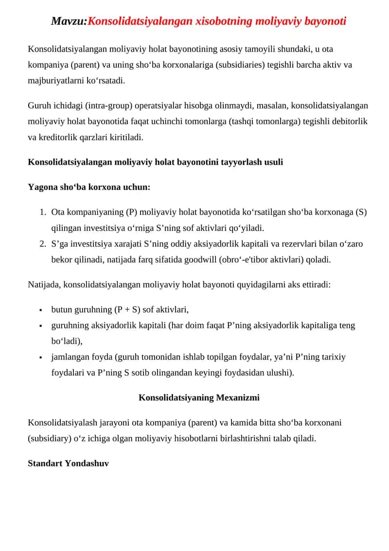 Konsolidatsiyalangan xisobotning moliyaviy bayonoti 1