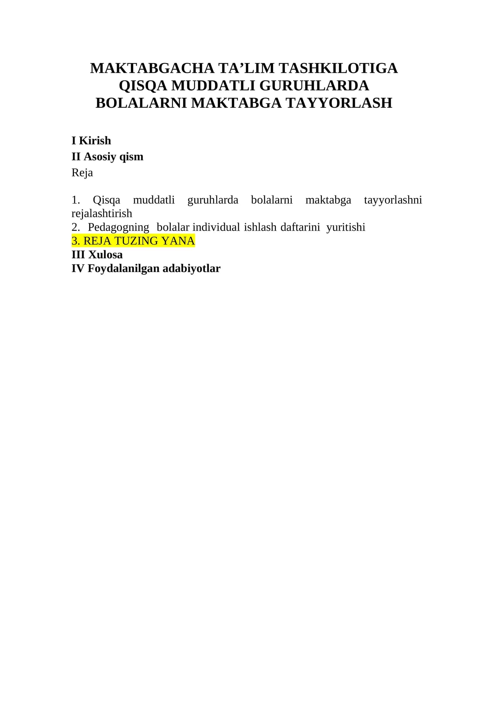 MAKTABGACHA TA’LIM TASHKILOTIGA QISQA MUDDATLI GURUHLARDA BOLALARNI MAKTABGA TAYYORLASH 1