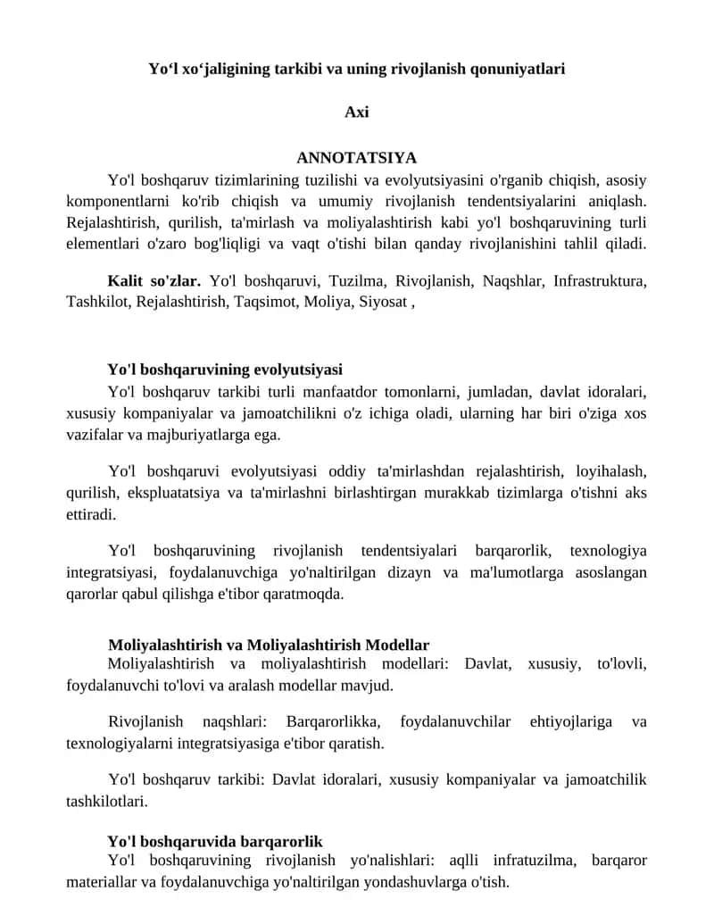 Yoʻl xoʻjaligining tarkibi va uning rivojlanish qonuniyatlari 1
