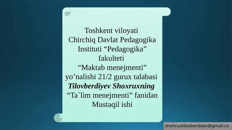 Mustaqil ish "Ta`lim menejmenti" fani bo'yicha reja 1
