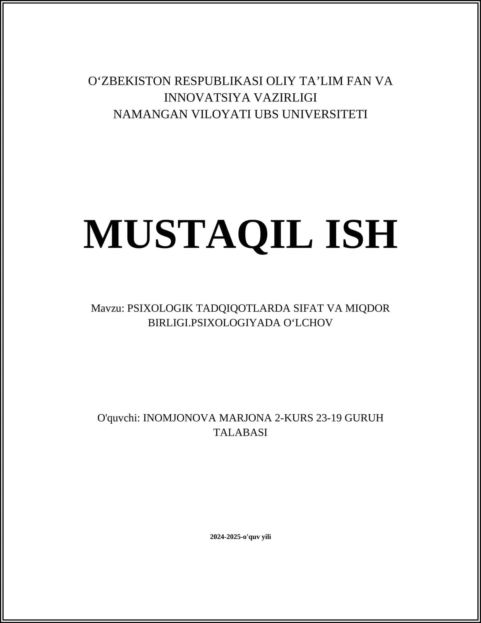 PSIXOLOGIK TADQIQOTLARDA SIFAT VA MIQDOR BIRLIGI.PSIXOLOGIYADA OʻLCHOV 1