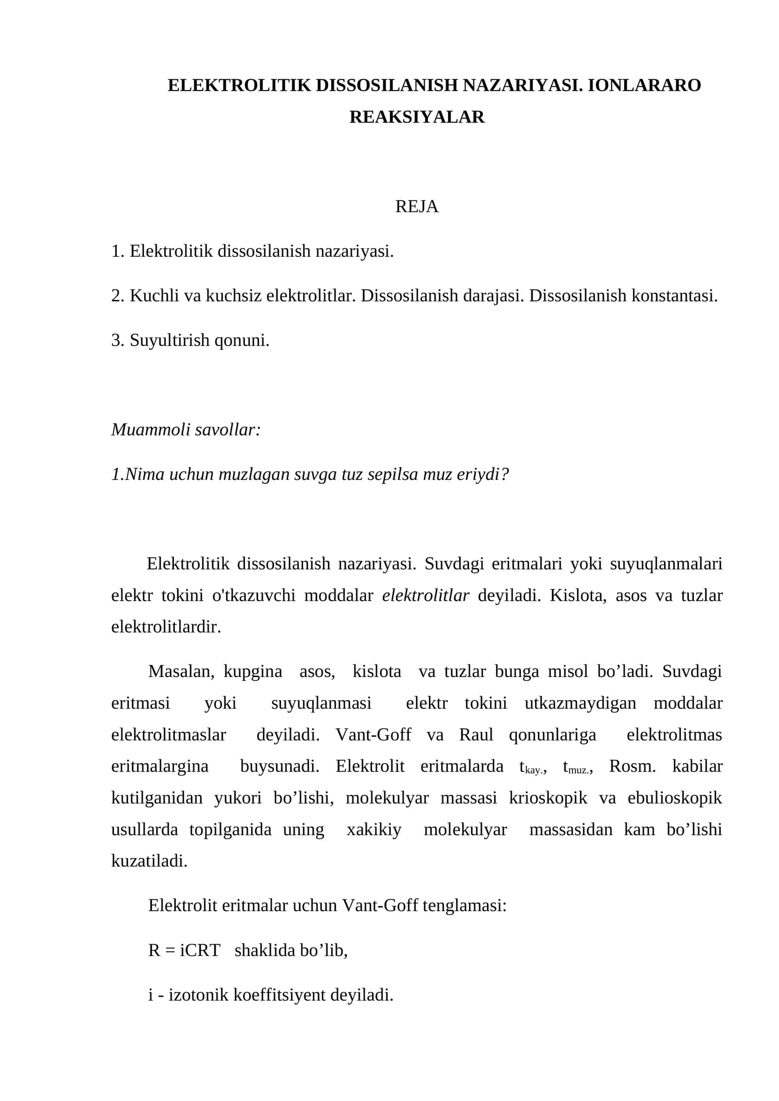 ELEKTROLITIK DISSOSILANISH NAZARIYASI. IONLARARO REAKSIYALAR 1