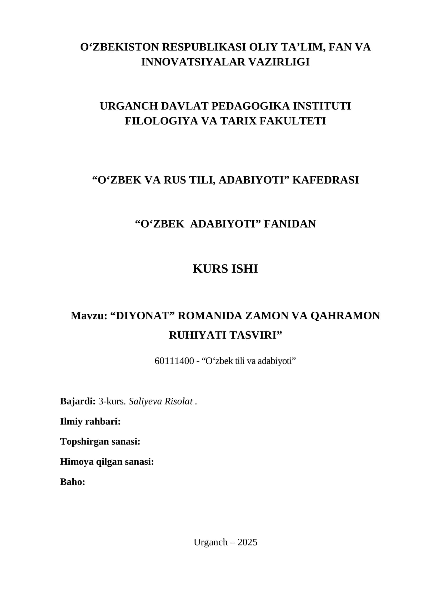 “DIYONAT” ROMANIDA ZAMON VA QAHRAMON RUHIYATI TASVIRI 1