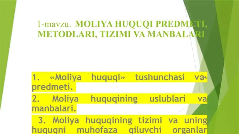Moliya Huquqi Predmeti, Metodlari, Tizimi va Manbalari 1