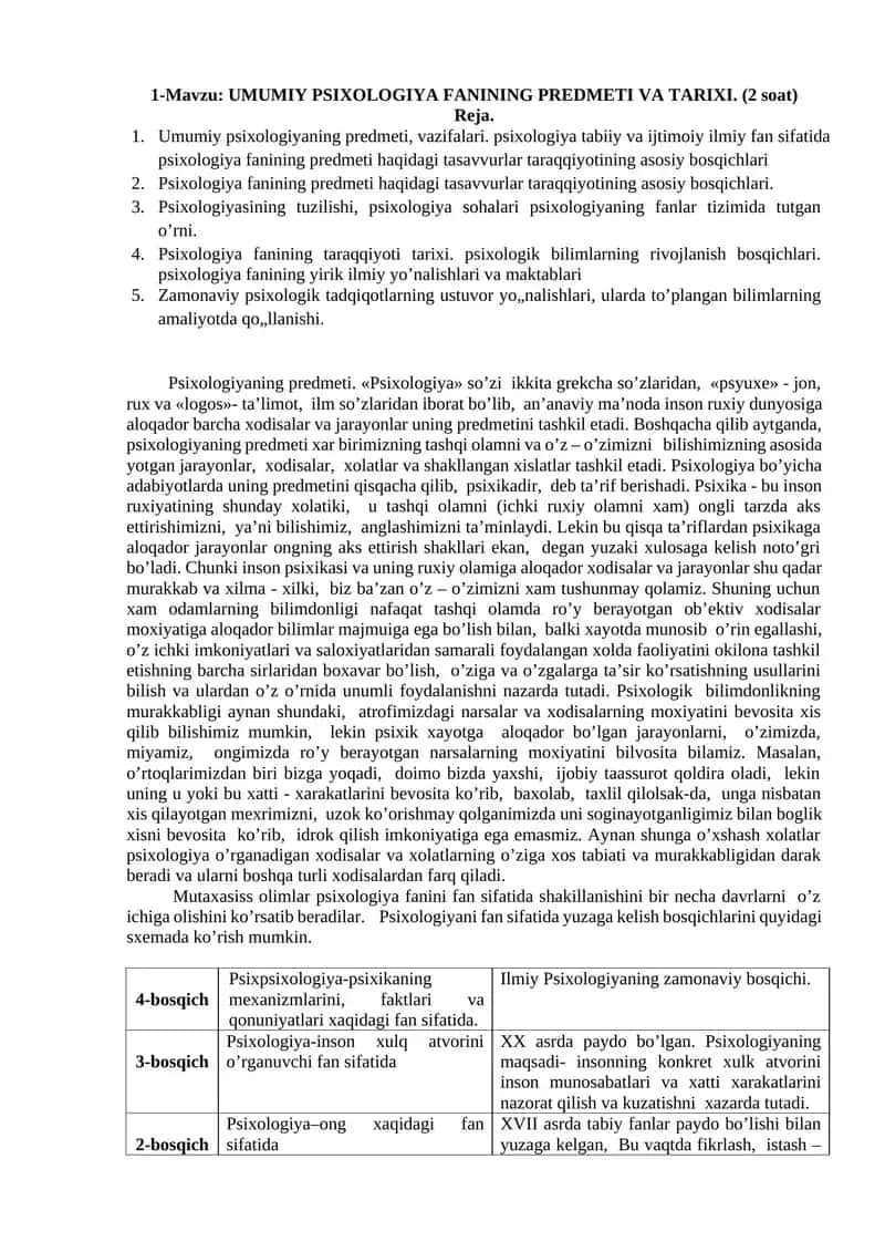 UMUMIY PSIXOLOGIYA FANINING PREDMETI VA TARIXI 1