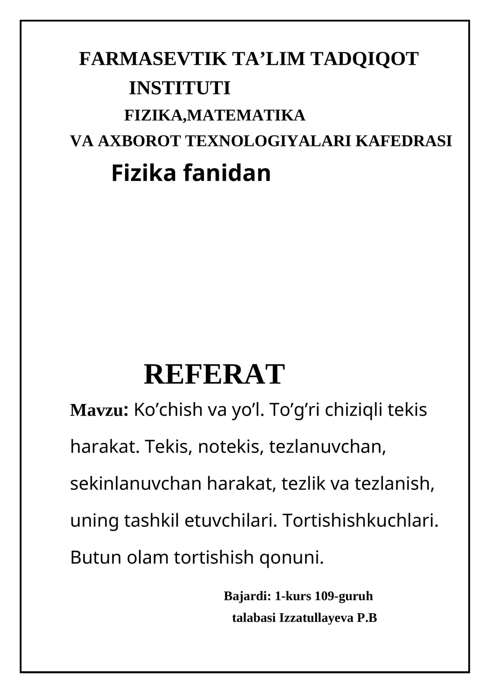 Fizika fanidan REFERAT 1