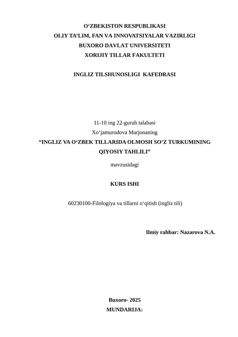 "INGLIZ VA O‘ZBEK TILLARIDA OLMOSH SO‘Z TURKUMINING QIYOSIY TAHLILI" 1