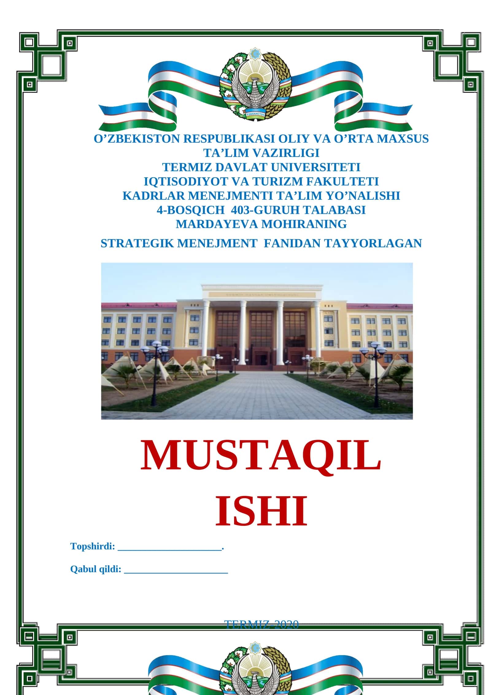 STRATEGIK MENEJMENT FANIDAN TAYYORLAGAN MUSTAQIL ISHI 1