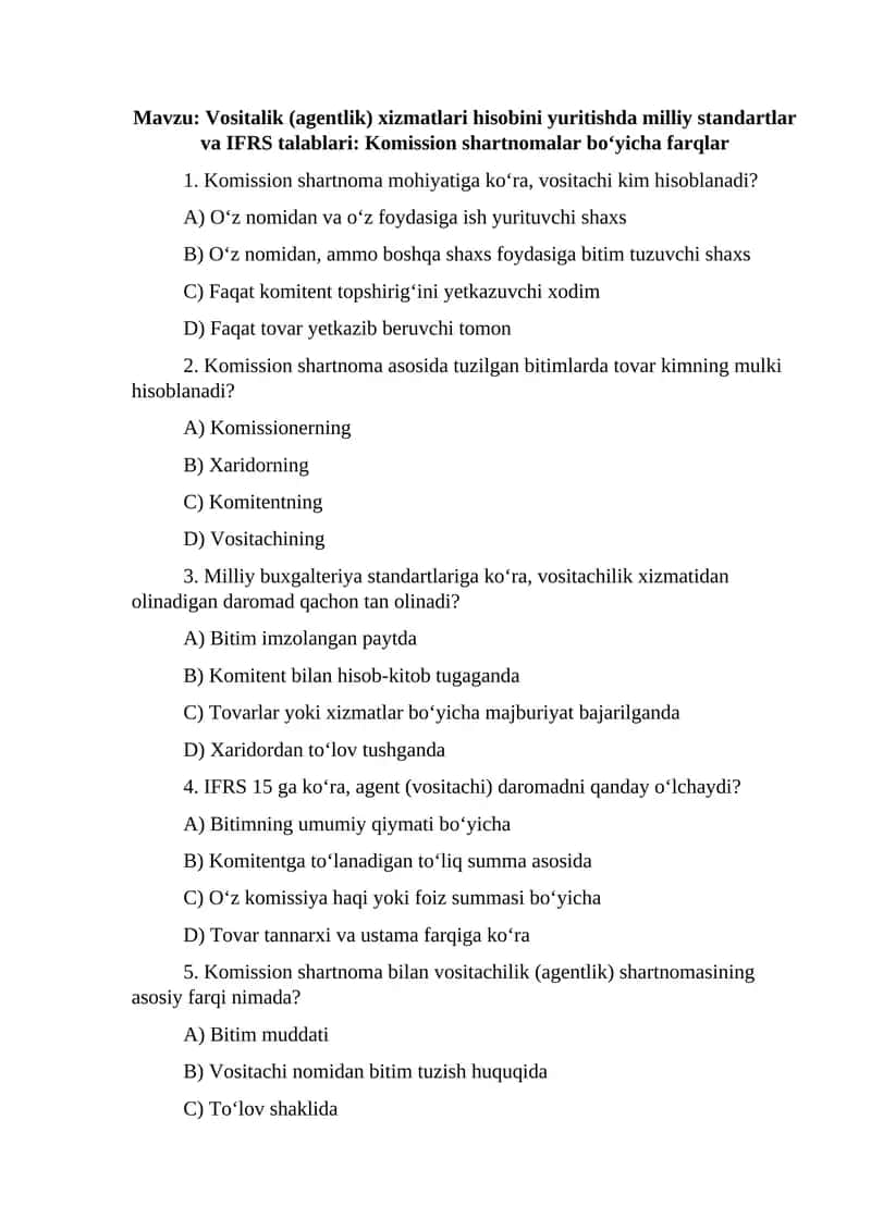Vositalik (agentlik) xizmatlari hisobini yuritishda milliy standartlar va IFRS talablari: Komission shartnomalar bo‘yicha farqlar 1