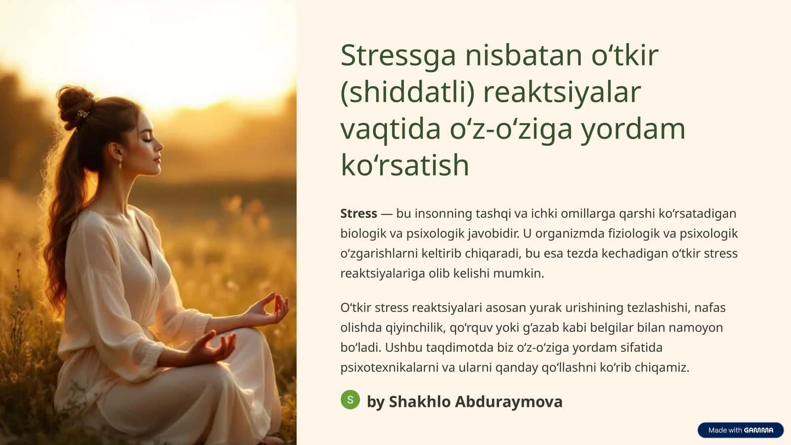 Stressga nisbatan o‘tkir (shiddatli) reaktsiyalar vaqtida o‘z-o‘ziga yordam ko‘rsatish 1