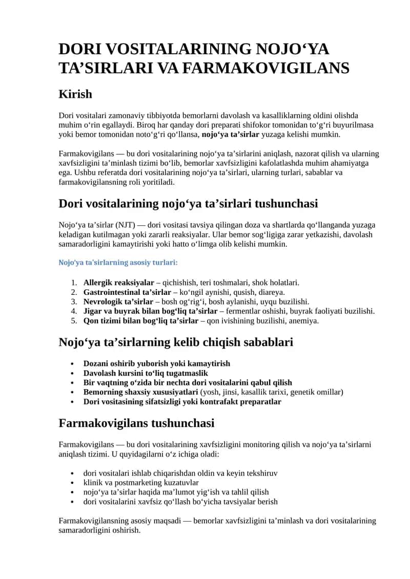 DORI VOSITALARINING NOJO‘YA TA’SIRLARI VA FARMAKOVIGILANS 1