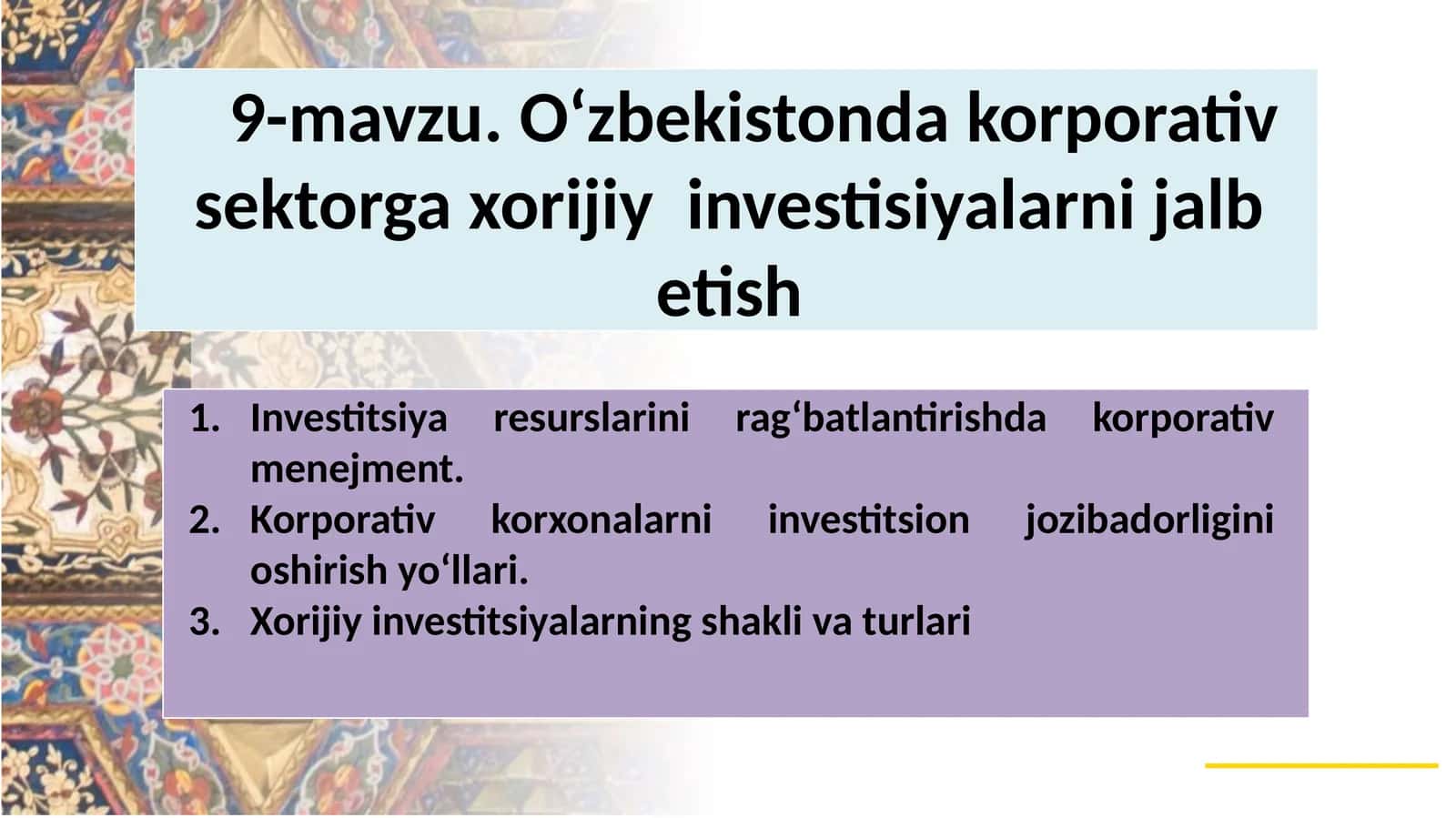 O‘zbekistonda korporativ sektorga xorijiy investisiyalarni jalb etish 1