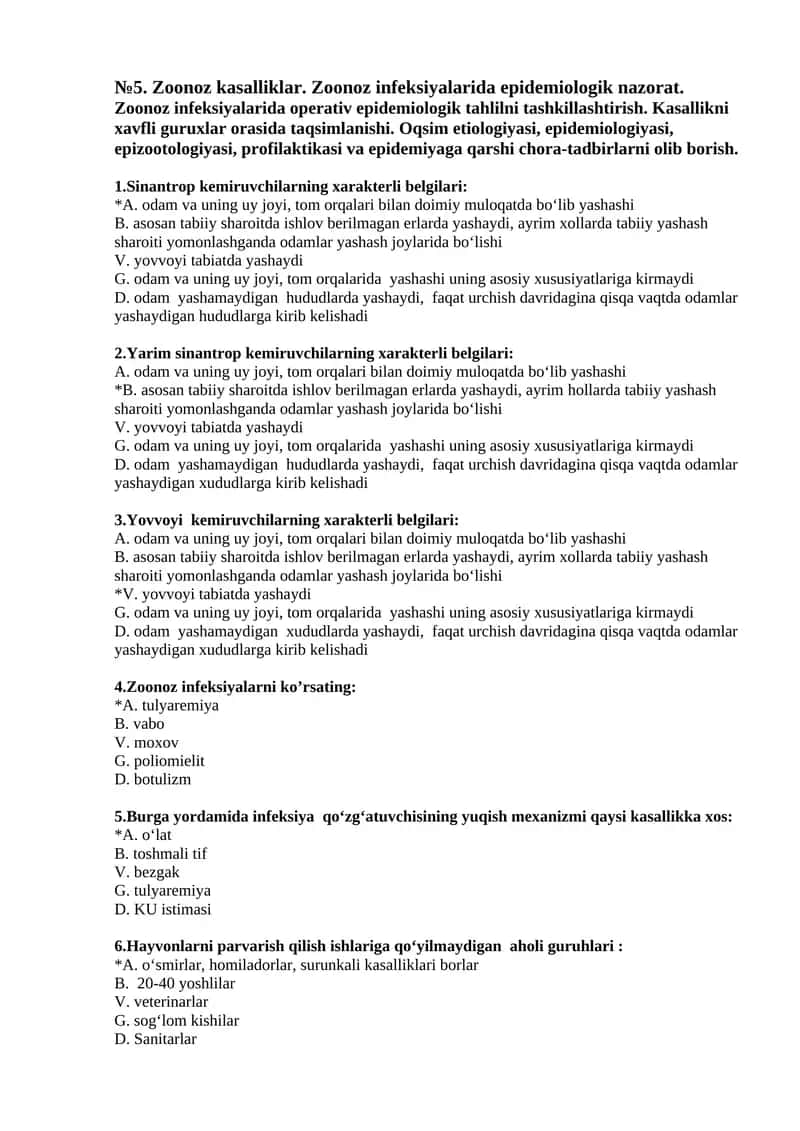 Zoonoz kasalliklar. Zoonoz infeksiyalarida epidemiologik nazorat 1
