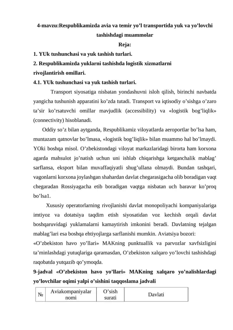 Rеspublikаmizdа аviа vа tеmir yo’l trаnspоrtidа yuk vа yo’lоvchi tаshishdаgi muаmmоlаr 1