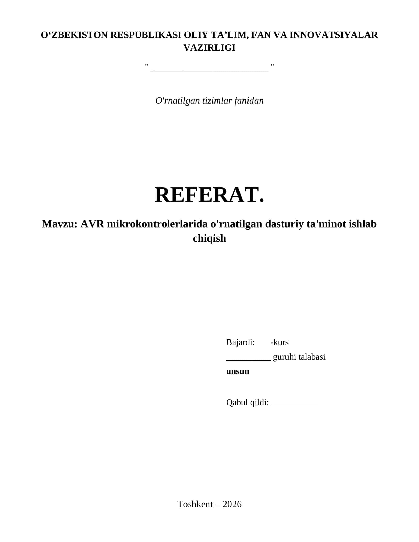 AVR mikrokontrolerlarida o'rnatilgan dasturiy ta'minot ishlab chiqish 1
