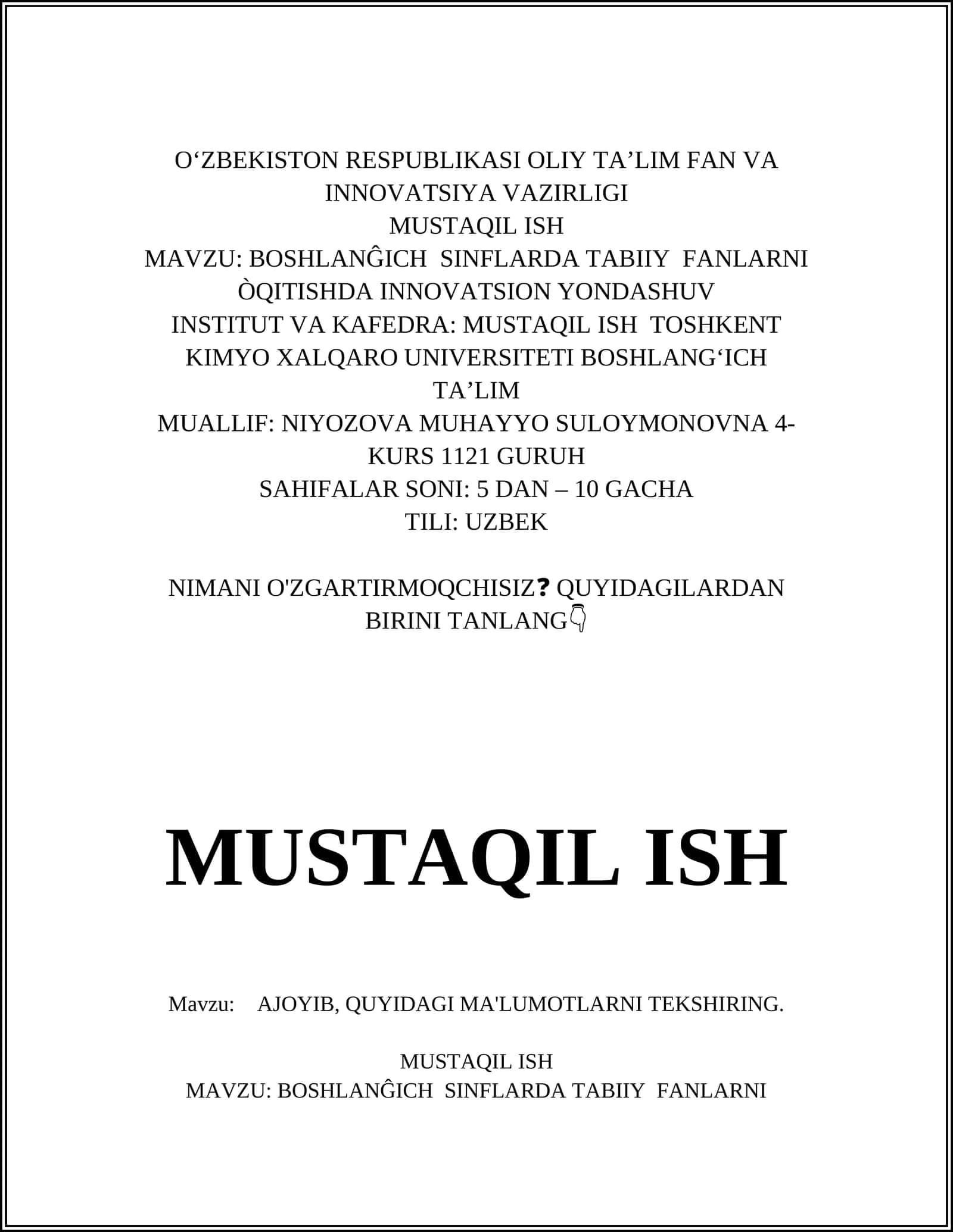BOSHLANĜICH SINFLARDA TABIIY FANLARNI ÒQITISHDA INNOVATSION YONDASHUV 1