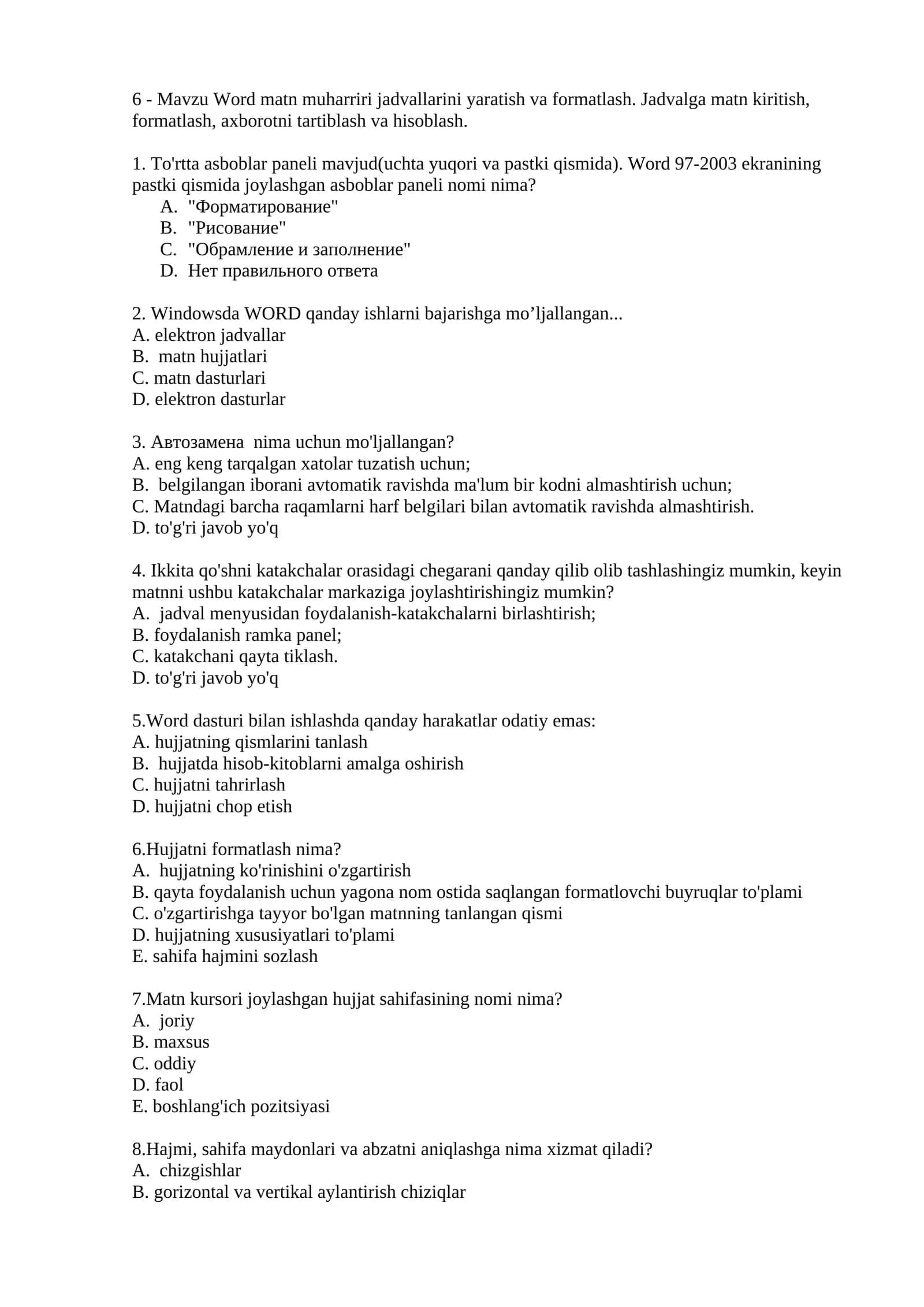 Word matn muharriri jadvallarini yaratish va formatlash. Jadvalga matn kiritish, formatlash, axborotni tartiblash va hisoblash 1
