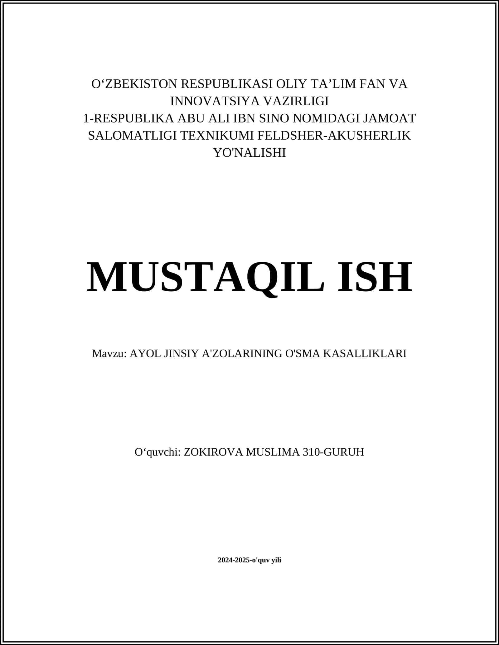 AYOL JINSIY A'ZOLARINING O'SMA KASALLIKLARI 1