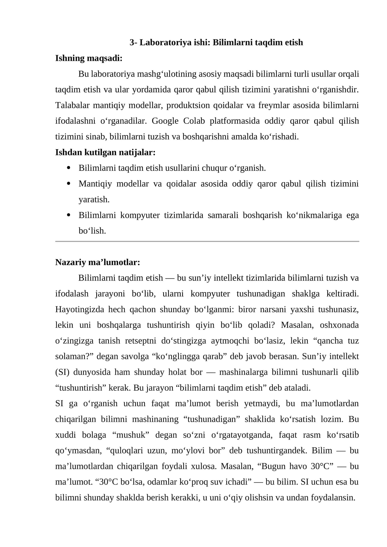 3- Laboratoriya ishi: Bilimlarni taqdim etish 1