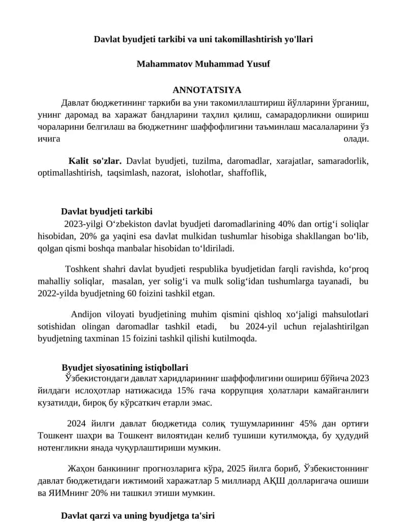 Davlat byudjeti tarkibi va uni takomillashtirish yo'llari 1