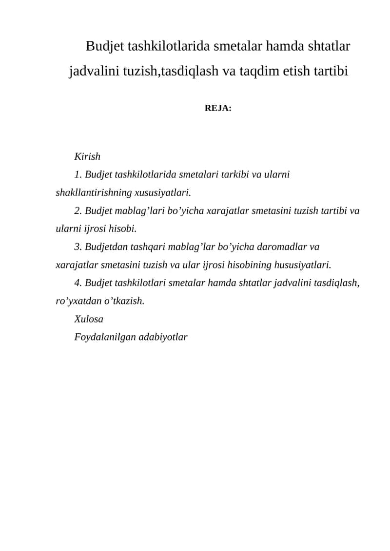 Budjet tashkilotlarida smetalari va shtatlar jadvalini tuzish 1