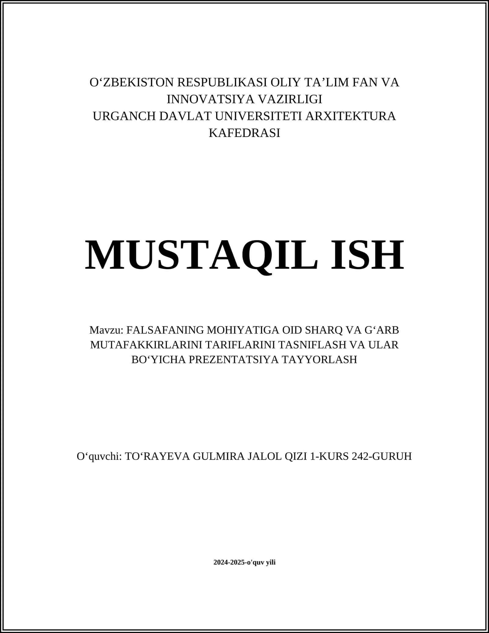 FALSAFANING MOHIYATIGA OID SHARQ VA GʻARB MUTAFAKKIRLARINI TARIFLARINI TASNIFLASH VA ULAR BOʻYICHA PREZENTATSIYA TAYYORLASH 1