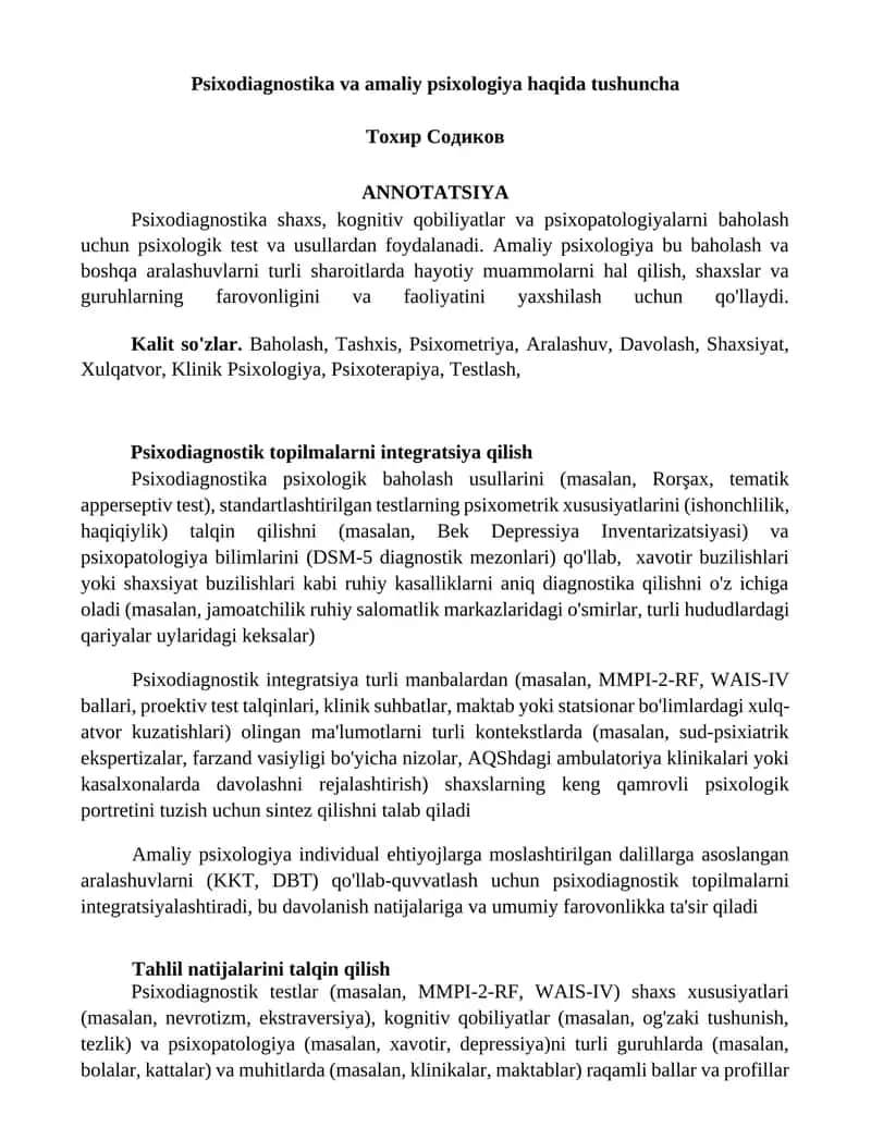 Psixodiagnostika va amaliy psixologiya haqida tushuncha 1