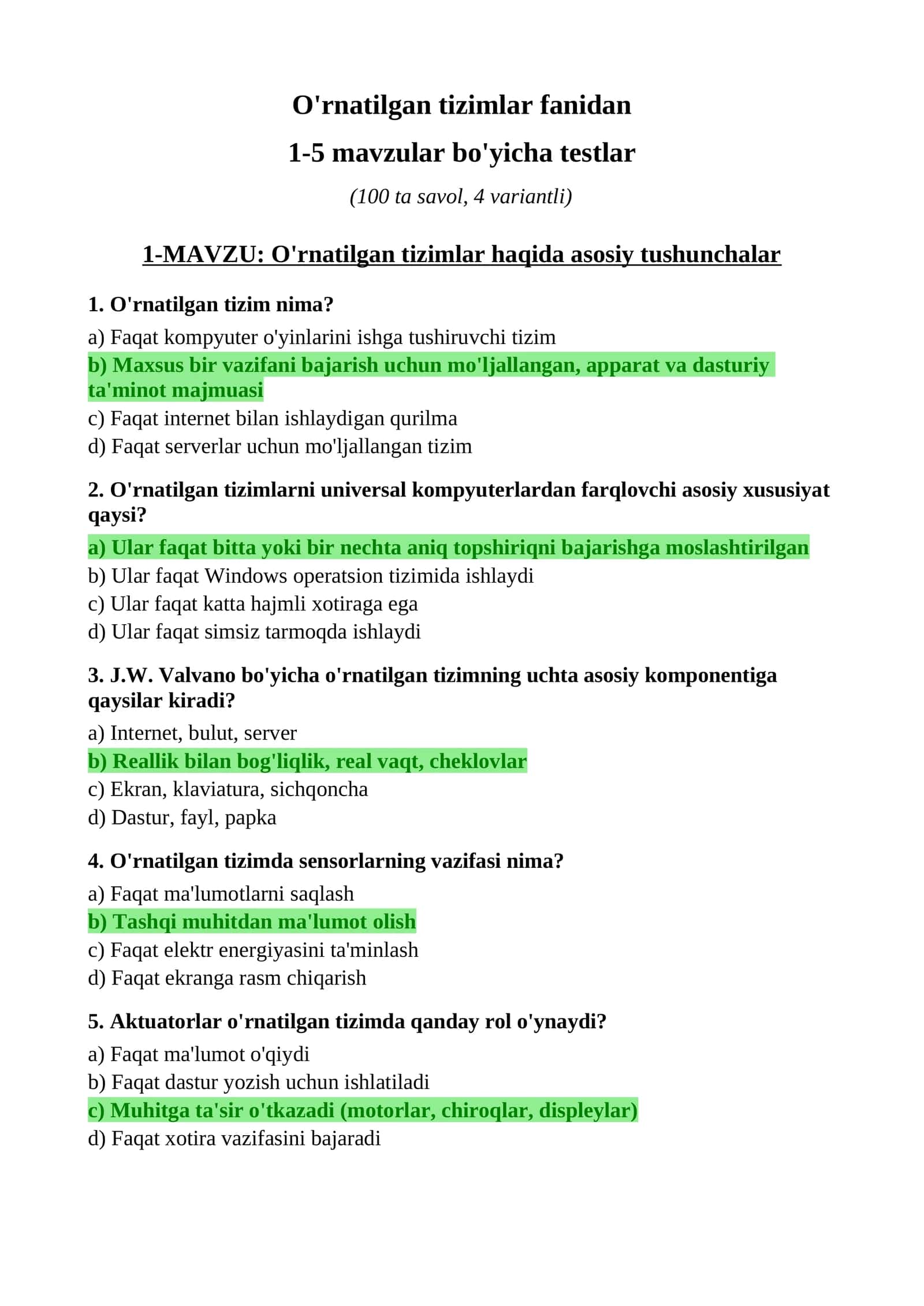 O'rnatilgan tizimlar fanidan testlar 1