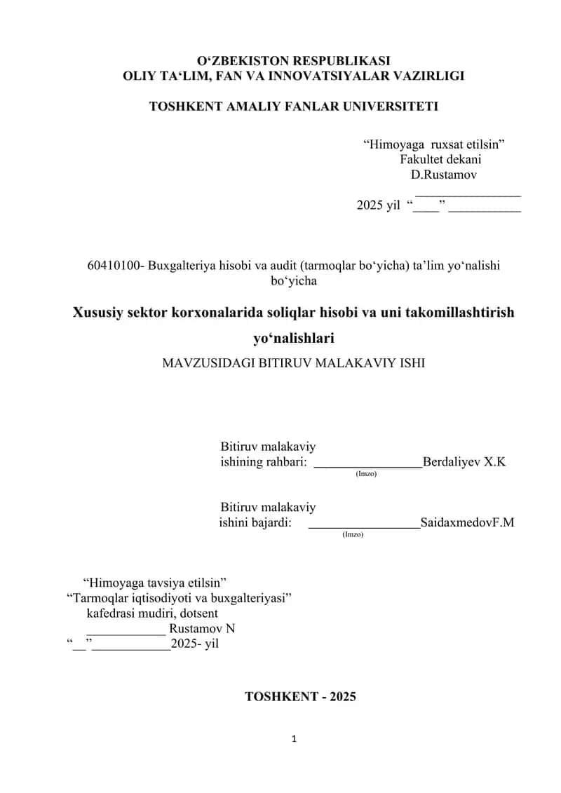 Xususiy sektor korxonalarida soliqlar hisobi va uni takomillashtirish yo‘nalishlari 1