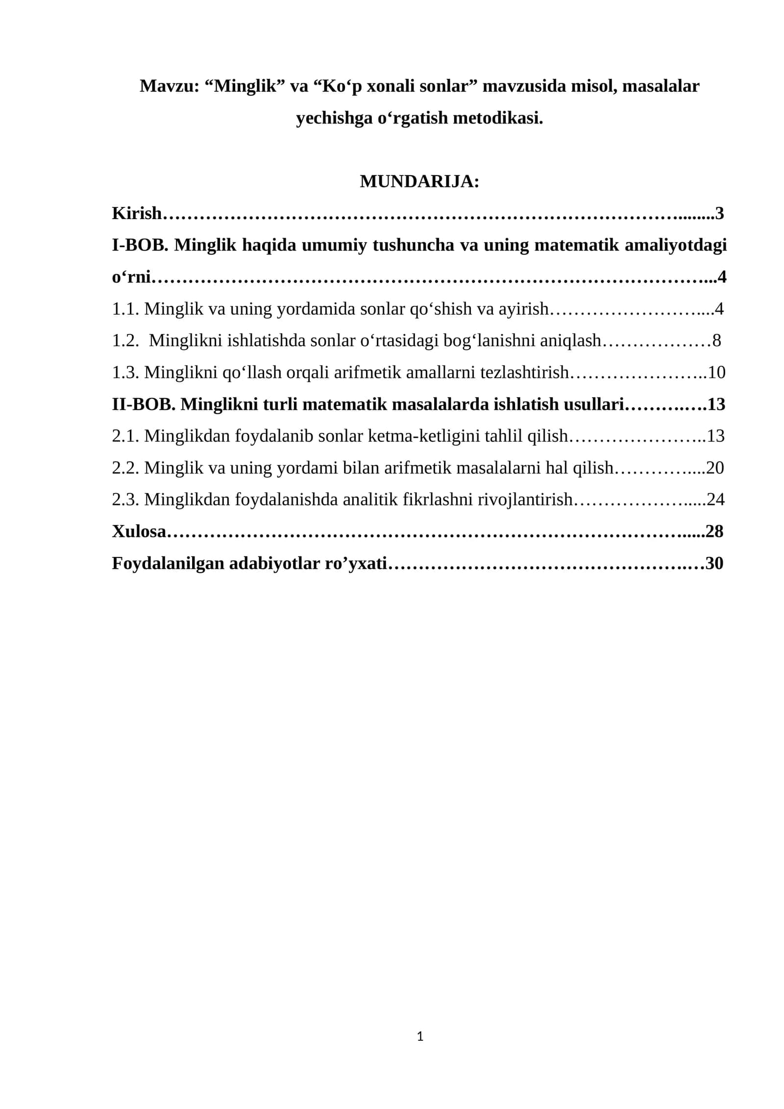 “Minglik” va “Ko‘p xonali sonlar” mavzusida misol, masalalar yechishga o‘rgatish metodikasi. 1
