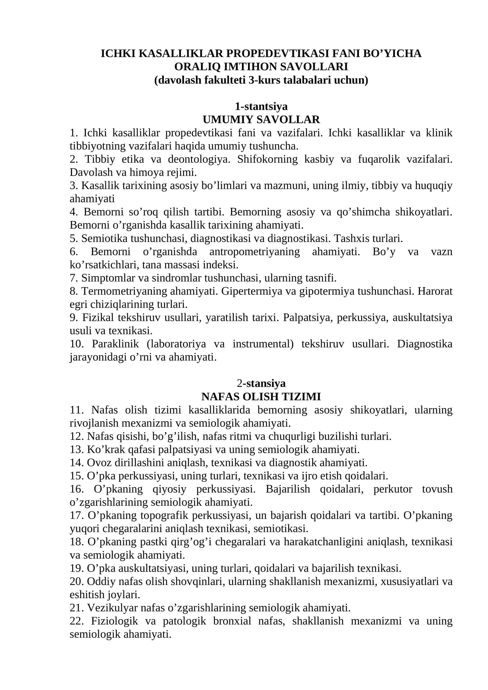 ICHKI KASALLIKLAR PROPEDEVTIKASI FANI BO’YICHA ORALIQ IMTIHON SAVOLLARI 1