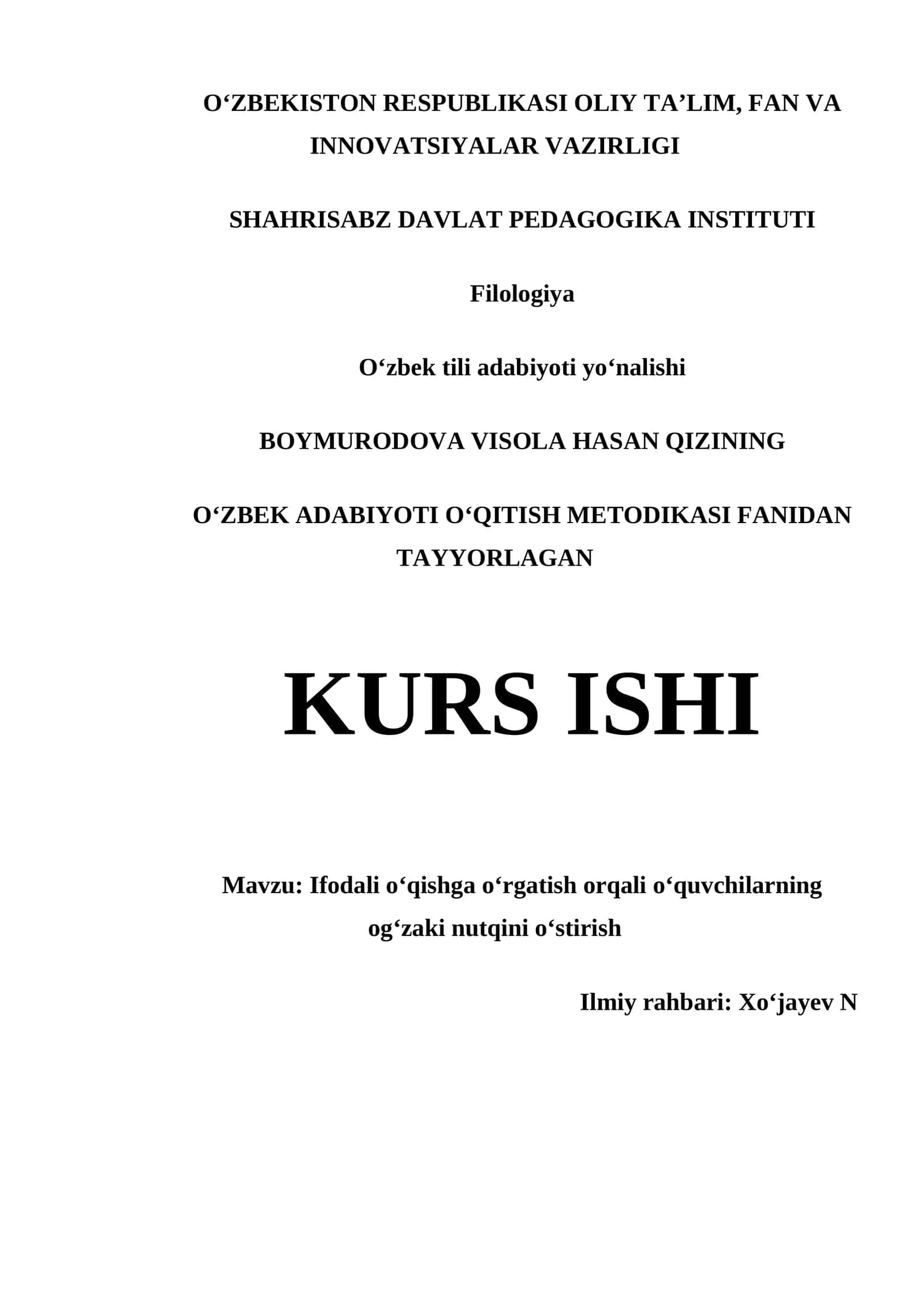 OʻZBEK ADABIYOTI OʻQITISH METODIKASI FANIDAN TAYYORLAGAN KURS ISHI 1