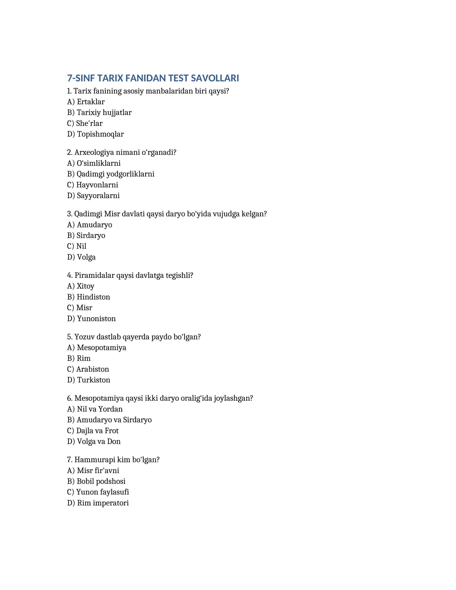 7-SINF TARIX FANIDAN TEST SAVOLLARI 1