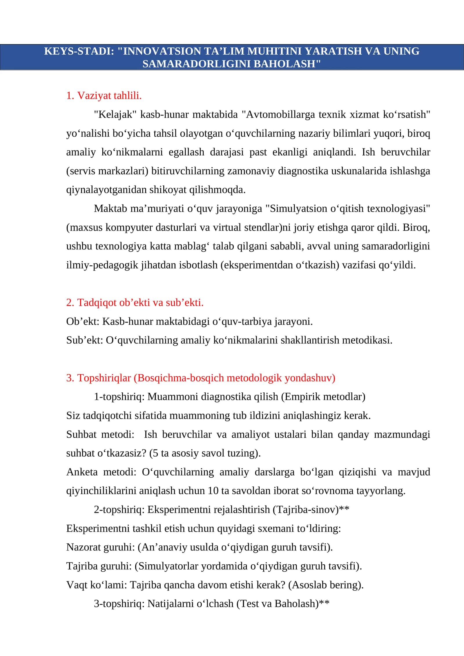 KEYS-STADI: "INNOVATSION TA’LIM MUHITINI YARATISH VA UNING SAMARADORLIGINI BAHOLASH" 1