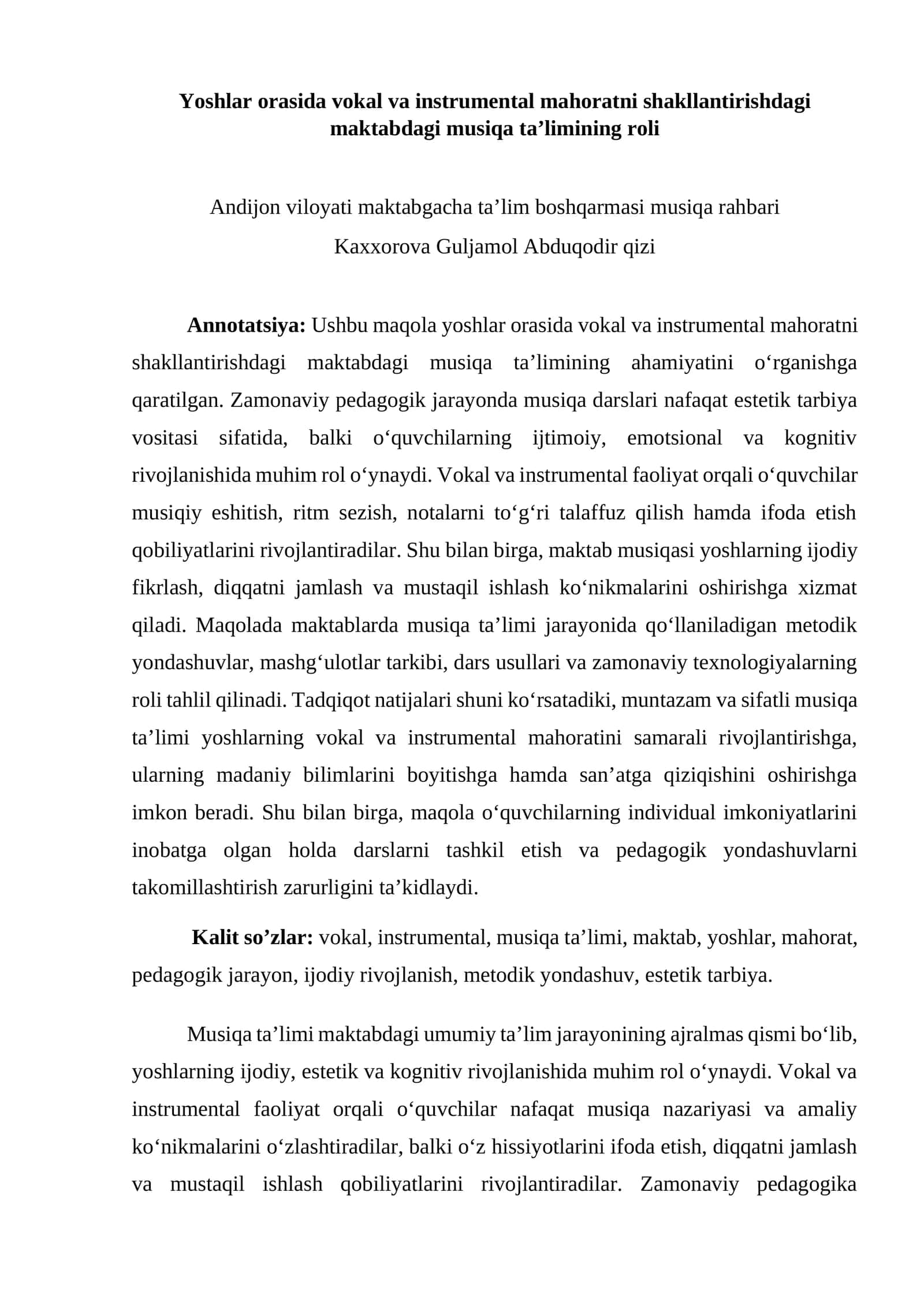 Yoshlar orasida vokal va instrumental mahoratni shakllantirishdagi maktabdagi musiqa ta’limining roli 1