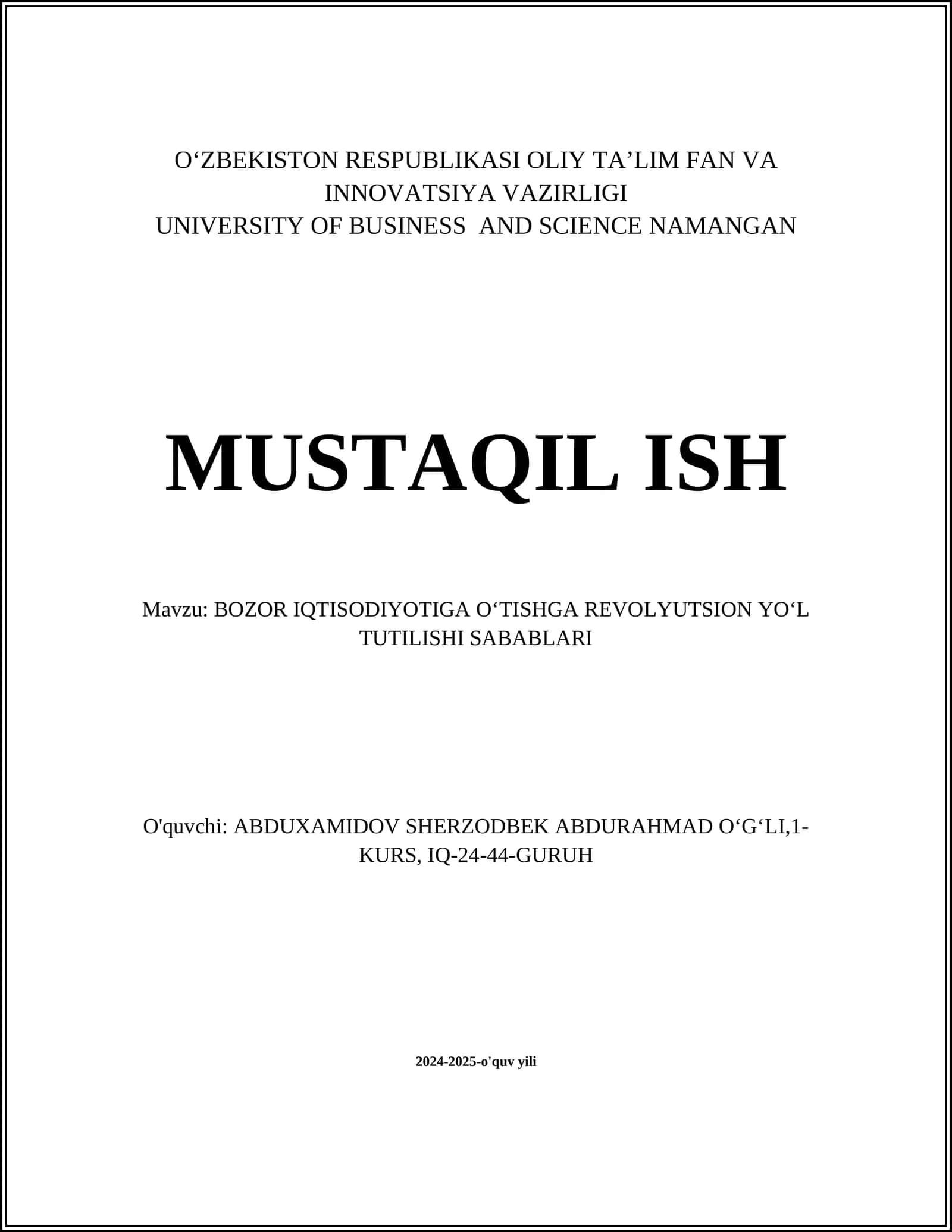 BOZOR IQTISODIYOTIGA OʻTISHGA REVOLYUTSION YOʻL TUTILISHI SABABLARI 1