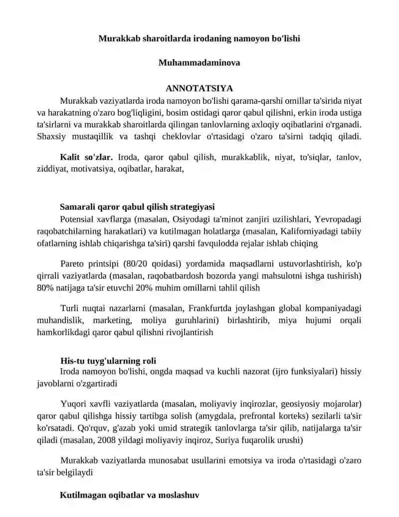 Murakkab sharoitlarda irodaning namoyon bo'lishi