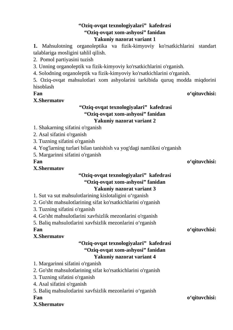 Oziq-ovqat xom-ashyosi fanidan Yakuniy nazorat variant 1 1