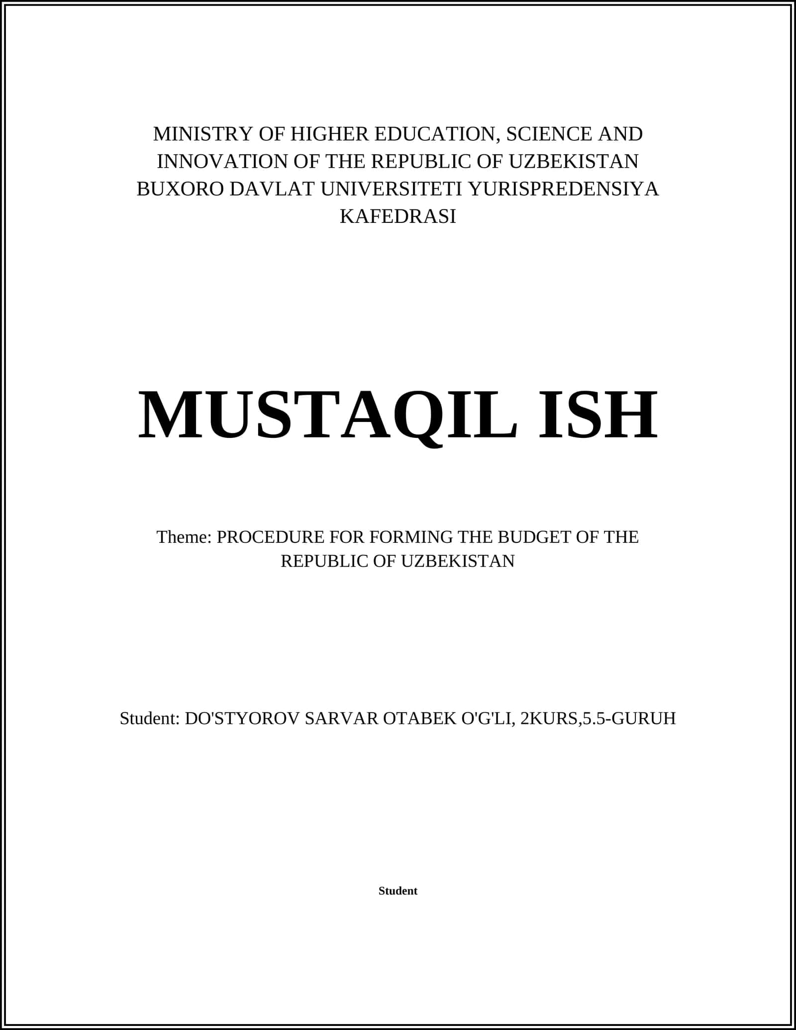 PROCEDURE FOR FORMING THE BUDGET OF THE REPUBLIC OF UZBEKISTAN 1