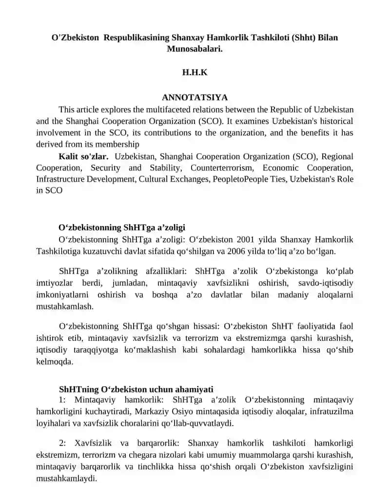 O'Zbekiston Respublikasining Shanxay Hamkorlik Tashkiloti (Shht)