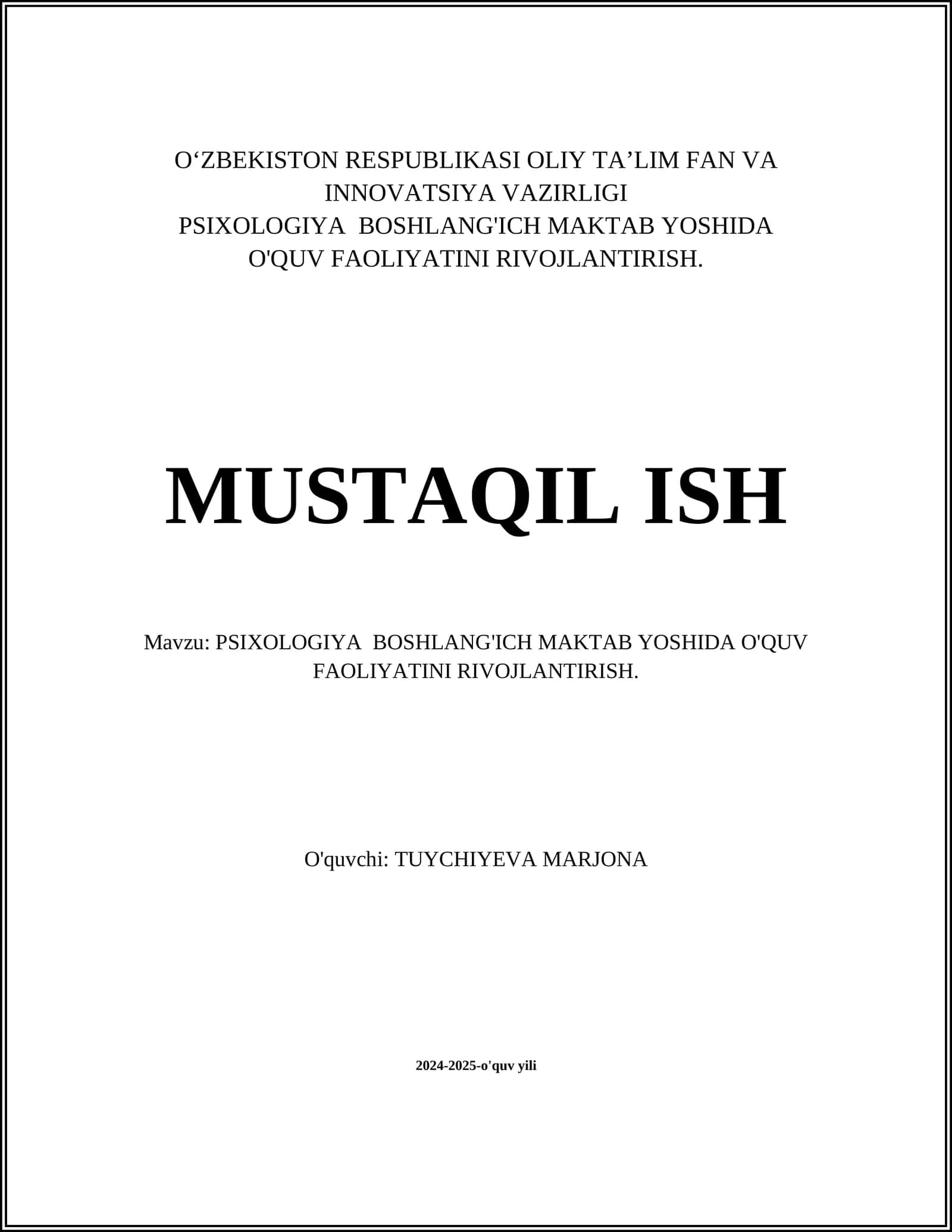 PSIXOLOGIYA BOSHLANG'ICH MAKTAB YOSHIDA O'QUV FAOLIYATINI RIVOJLANTIRISH 1