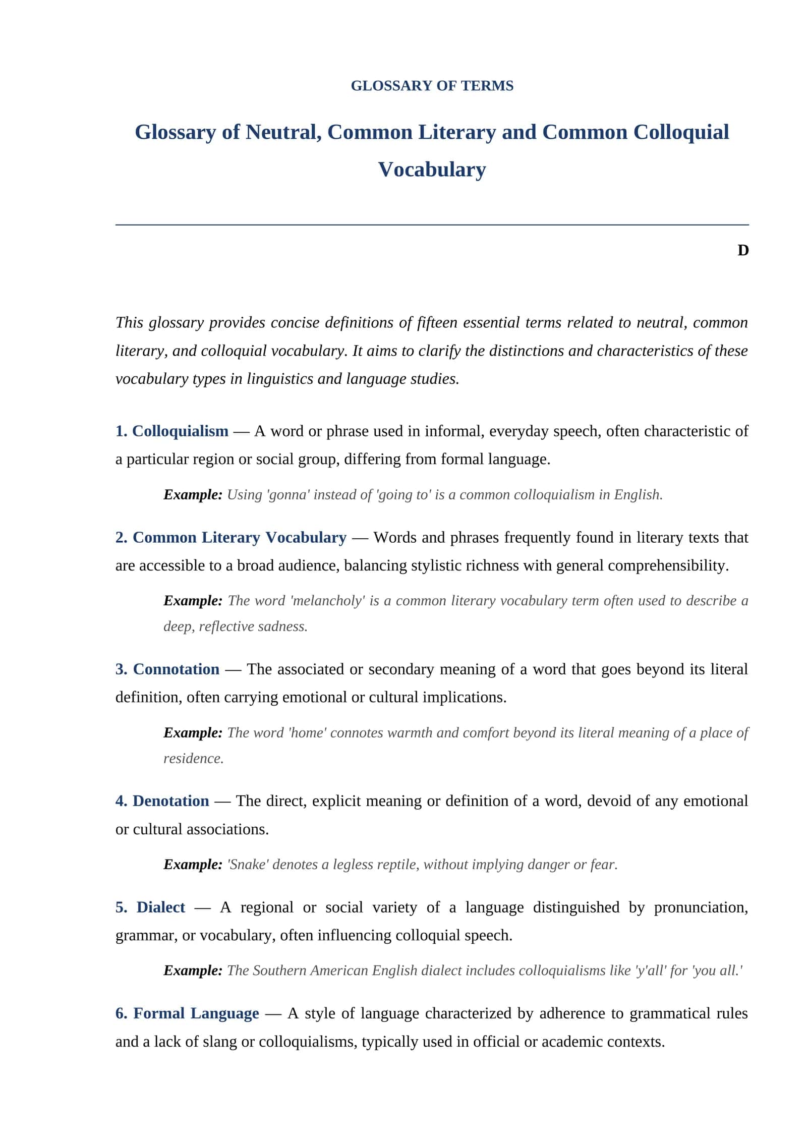Glossary of Neutral, Common Literary and Common Colloquial Vocabulary 1