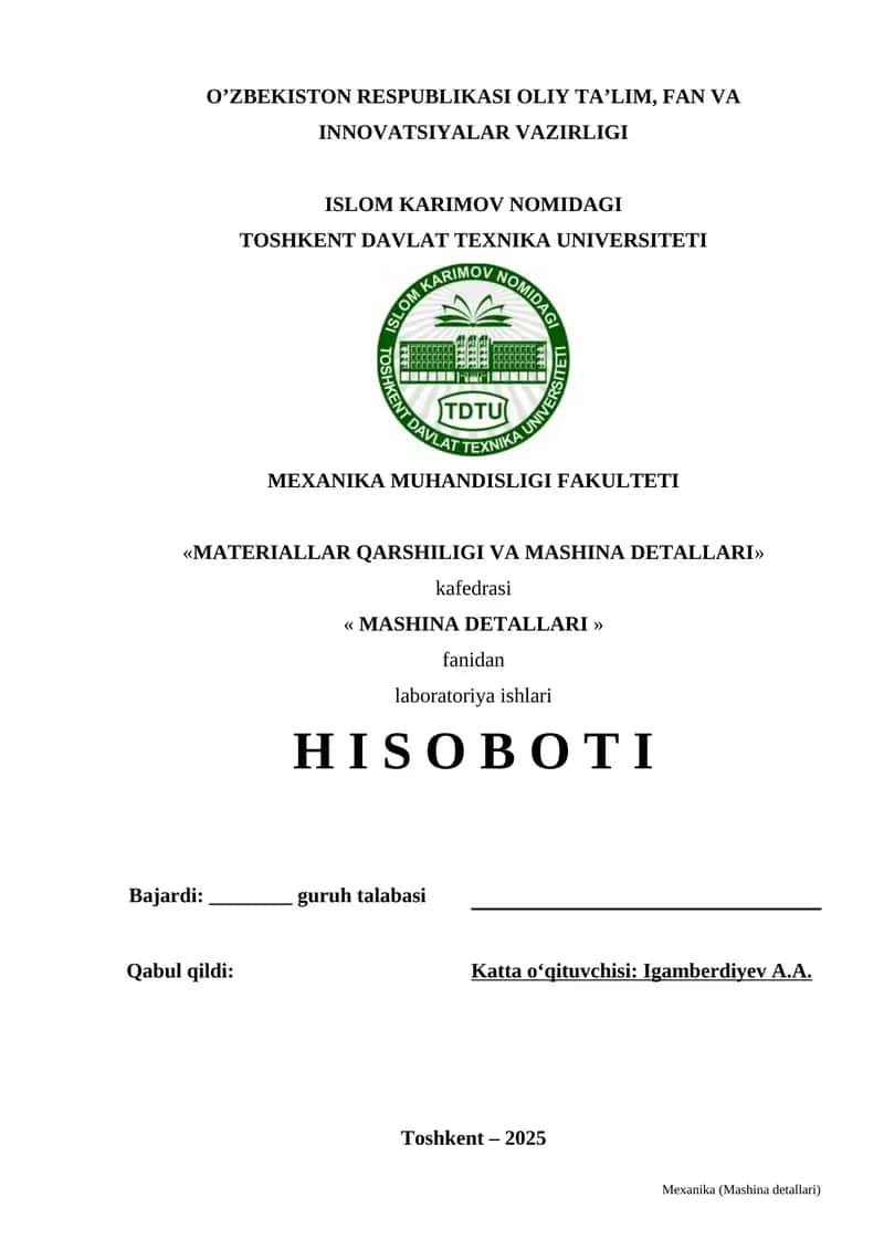 BOLTLI BIRIKMANING REZBASIDAGI VA GAYKA YON SIRTIDAGI ISHQALANISH KOEFFISIYENTINI ANIQLASH 1