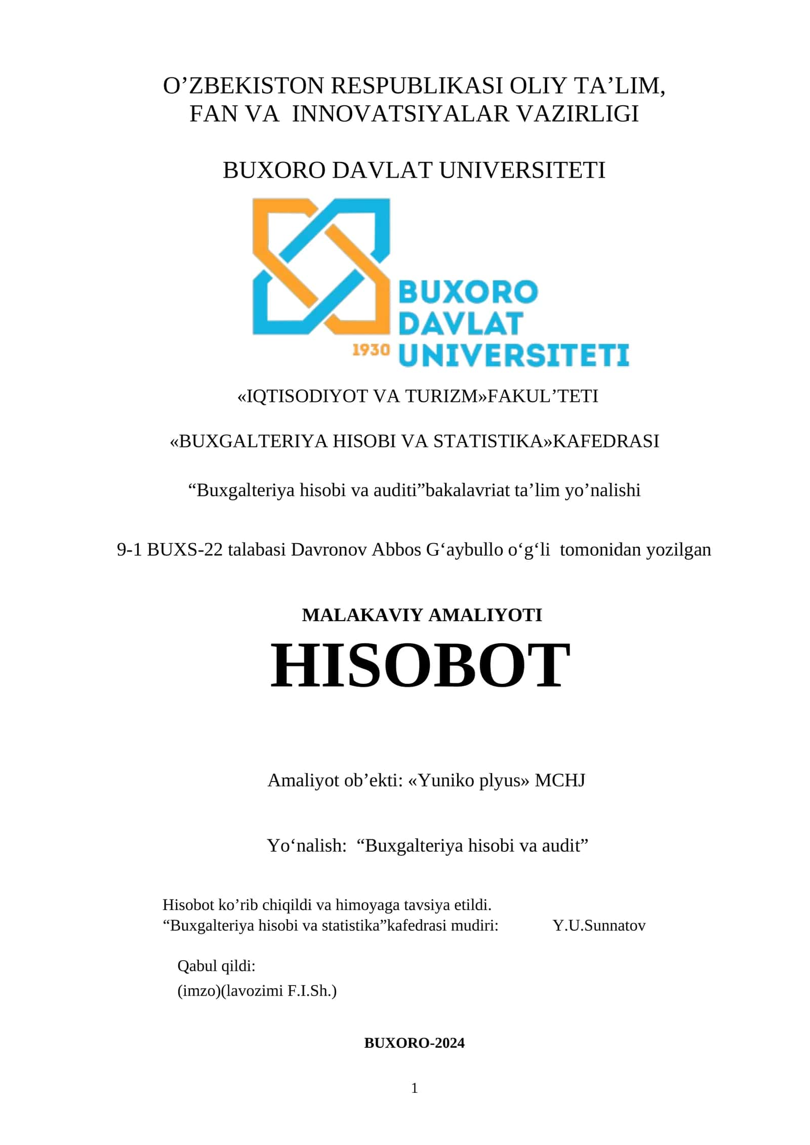 Tamaki tovarlar oldi sotdisi faoliyatli mchj.  Amaliyot hisoboti 1