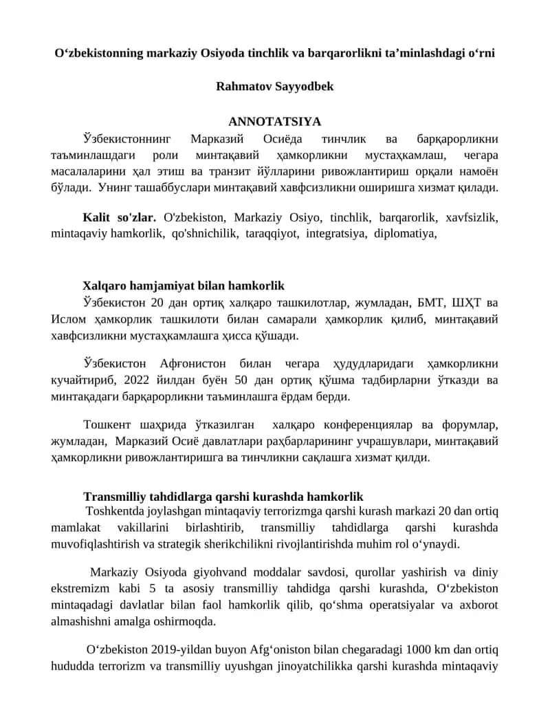O'zbekistonning markaziy Osiyoda tinchlik va barqarorlikni taʼminlashdagi oʻrni 1