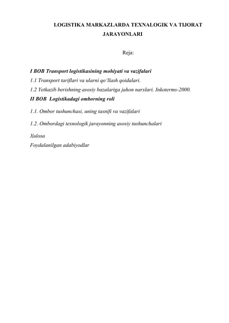 BOB Transport logistikasining mohiyati va vazifalari 1