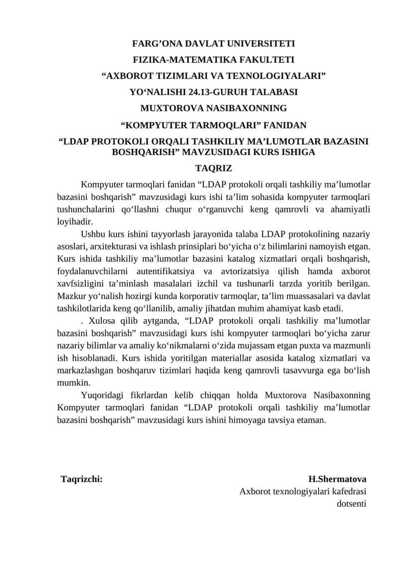 "LDAP PROTOKOLI ORQALI TASHKILIY MAʼLUMOTLAR BAZASINI BOSHQARISH" MAVZUSIDAGI KURS ISHI 1