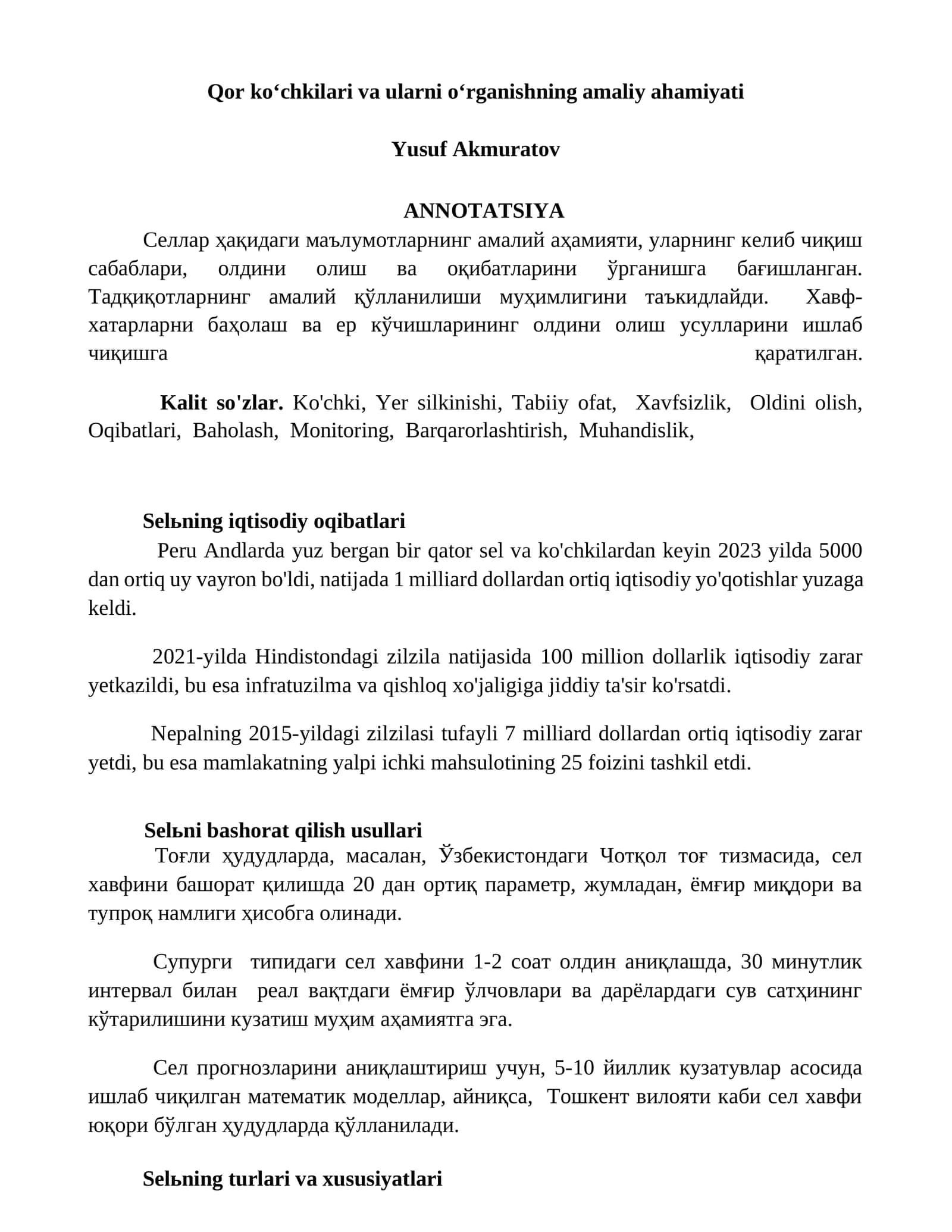 Qor ko‘chkilari va ularni o‘rganishning amaliy ahamiyati 1