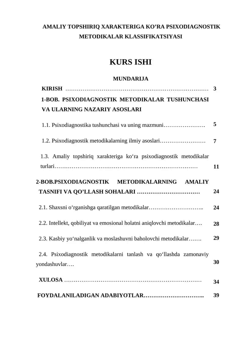 AMALIY TOPSHIRIQ XARAKTERIGA KO’RA PSIXODIAGNOSTIK METODIKALAR KLASSIFIKATSIYASI 1